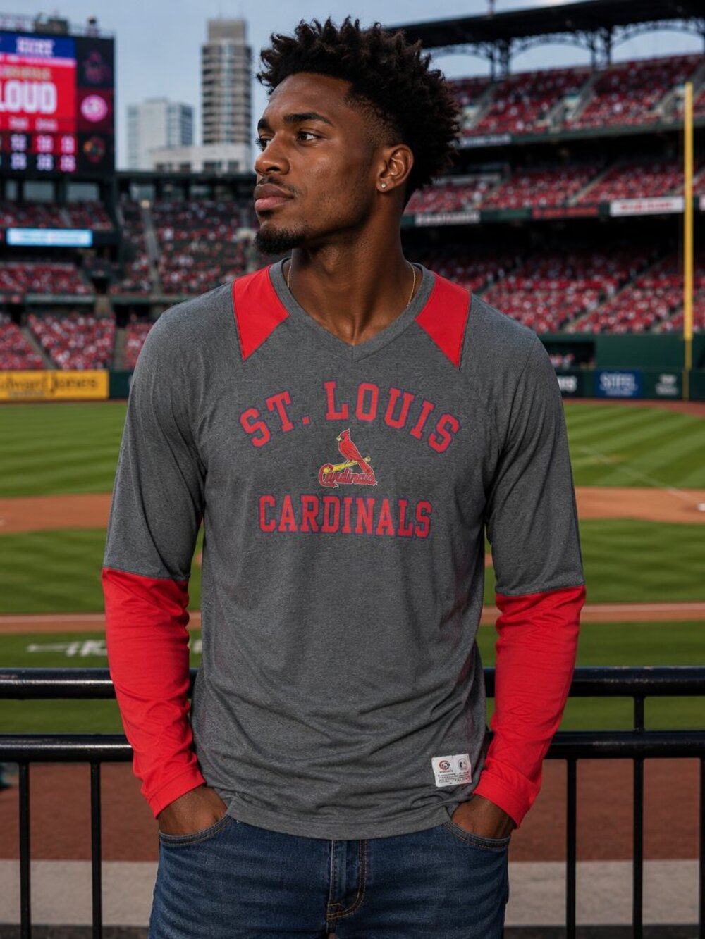 True Fan St. Louis Cardinals MLB Performance Long Sleeve Shirt Gray Red Men's L